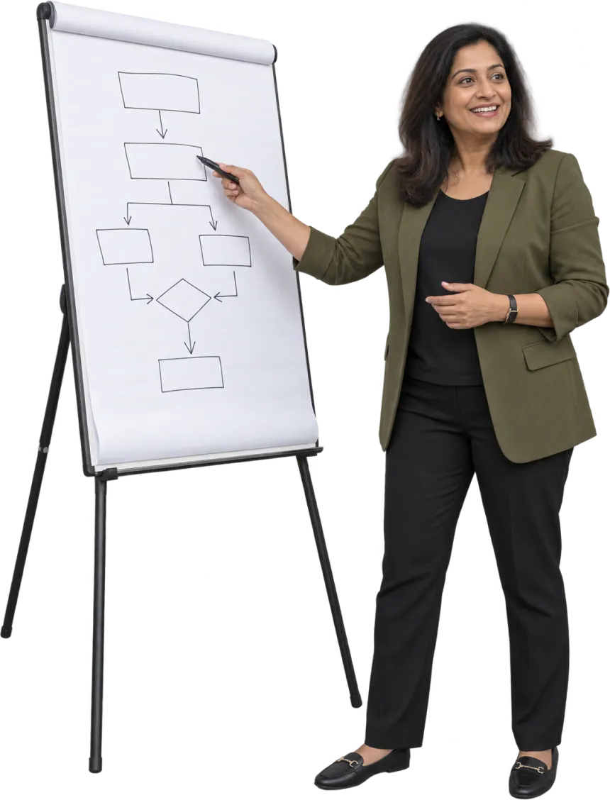 Consultant mapping out a process on a flip chart